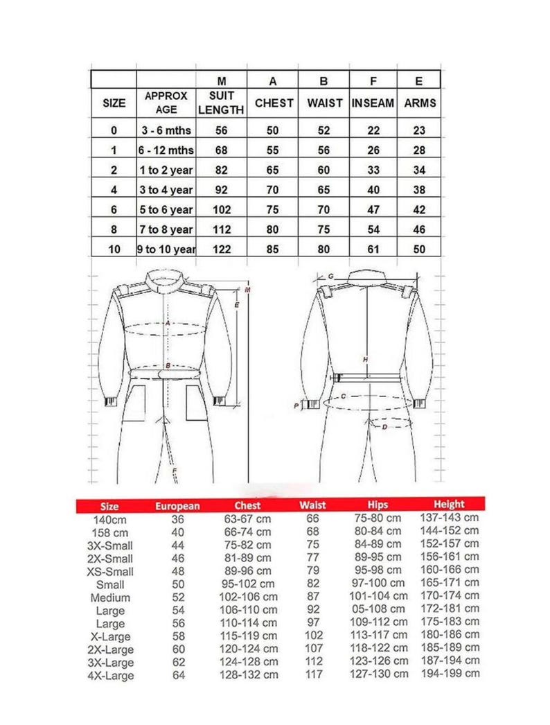 May include: A size chart for a racing suit with measurements in inches for chest, waist, inseam, and arms. The chart also includes approximate age and suit length in inches. A diagram of the suit is shown with the measurements labeled.