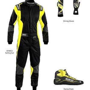 May include: A black and yellow Sparco karting suit, a pair of black and yellow driving gloves, and a black and yellow Sparco racing shoe. The suit features a high collar, long sleeves, and a belted waist. The gloves show palm and back details.