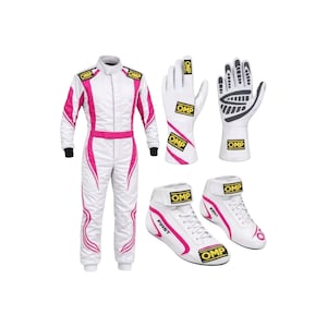 May include: A white racing suit with pink accents, a pair of white racing gloves with black detailing, and a pair of white racing shoes with pink trim. Each item features the yellow and black OMP logo and the word FIRST on the shoes.