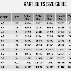 May include: Kart racing suit size chart with measurements in centimeters for chest, waist, hips, height, and weight. The chart shows sizes XS to XXL, with corresponding measurements for each size.