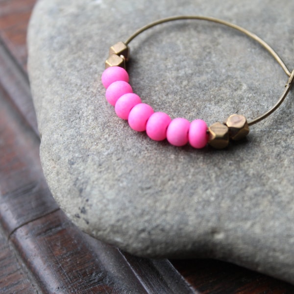 Kalimantan Antique Brass Creole Hoops with Matte Neon Pink Glass and Faceted Brass Beads - Matches Kalimantan Bracelet