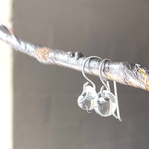 May include: A pair of silver earrings with clear crystal teardrop-shaped stones hanging from delicate hooks.
