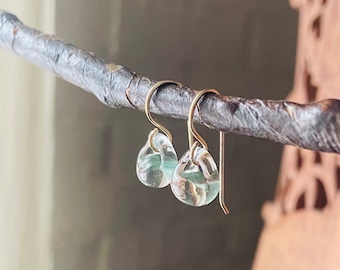 Water Droplet Earrings - Borosilicate Glass Teardrops on Gold Filled or Sterling Silver Wires - in Agave Green