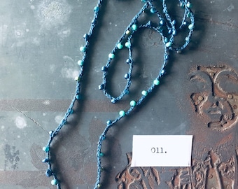 No. 011 - Ocean Blue Crochet Necklace with Stamped Brass Tag - Sail Away