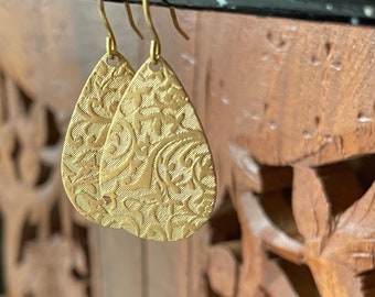 Victorian Damask Bright Brass Drop Earrings