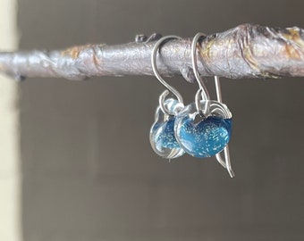 Water Droplet Earrings - Borosilicate Glass Teardrops on Gold Filled Wires in Navy Blue - Also Available in Sterling Silver
