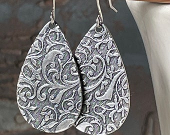 Victorian Damask Antique Silver Drop Earrings