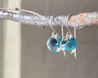 Water Droplet Earrings - Borosilicate Glass Teardrops on Gold Filled or Sterling Silver Wires - in Peacock Blue