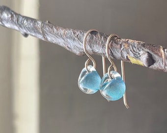 Water Droplet Earrings - Borosilicate Glass Teardrops on Gold Filled or Sterling Silver Wires - in Chambray Blue