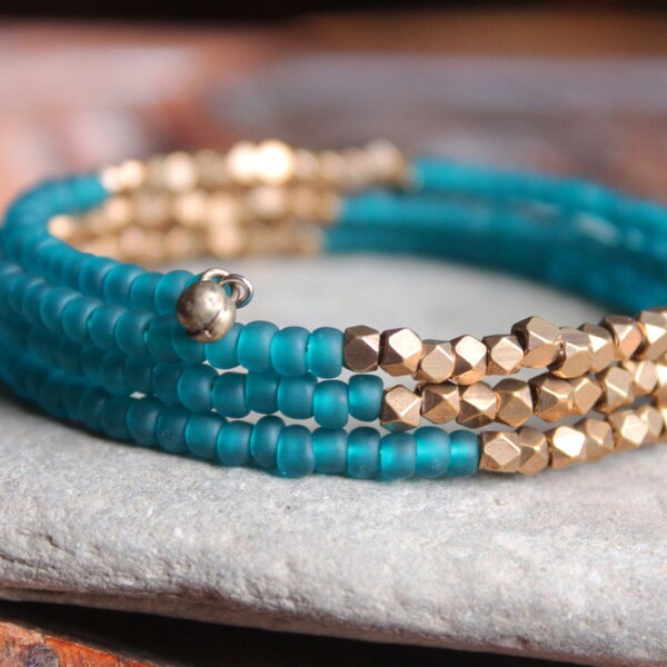 Kalimantan Stacking Memory Wire Bangle Bracelet with Matte Teal Glass and Faceted Brass Beads - Exotic and Chic