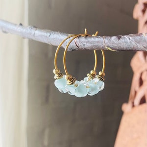 Mirage Earrings - Artisanal Glass on Gold Hoops with Vintage Beads - Oasis Blue