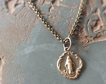 Chapelle Notre-Dame Antique Brass Miraculous Medal Necklace on Bronze Chain - Everyday