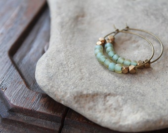 Kalimantan Antique Brass Hoops with Matte Aqua Glass and Faceted Brass Beads - Matches Kalimantan Bracelet