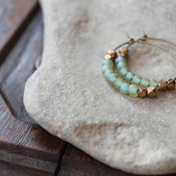 Kalimantan Antique Brass Hoops with Matte Aqua Glass and Faceted Brass Beads - Matches Kalimantan Bracelet