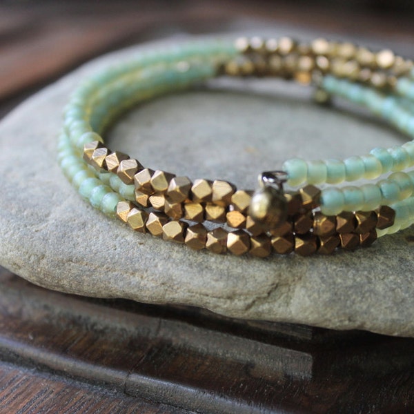 Kalimantan Stacking Memory Wire Bangle Bracelet with Matte Aqua Glass and Faceted Brass Beads - Exotic and Chic