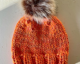 Holiday Handknit Hat with Sable Faux Fur Pompom - Pumpkin