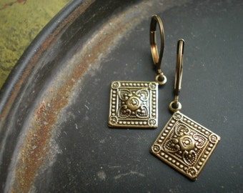 Szolnok Hungarian Diamond Medallion Earrings in Antique Brass