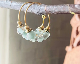 Mirage Earrings - Artisanal Glass on Gold Hoops with Vintage Beads - Agave Green