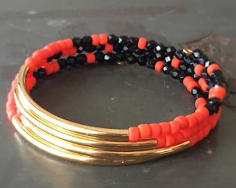 Halloween Orange + Black Bracelet with Long Gold Tube Bead Accents  - Trick or Treat