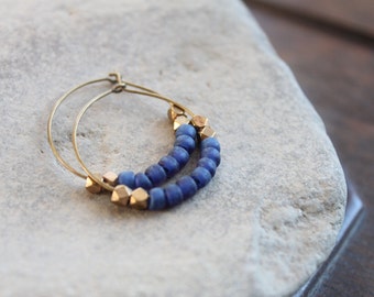Kalimantan Antique Brass Creole Hoops with Matte Monaco Blue Glass and Faceted Brass Beads - Matches Kalimantan Bracelet