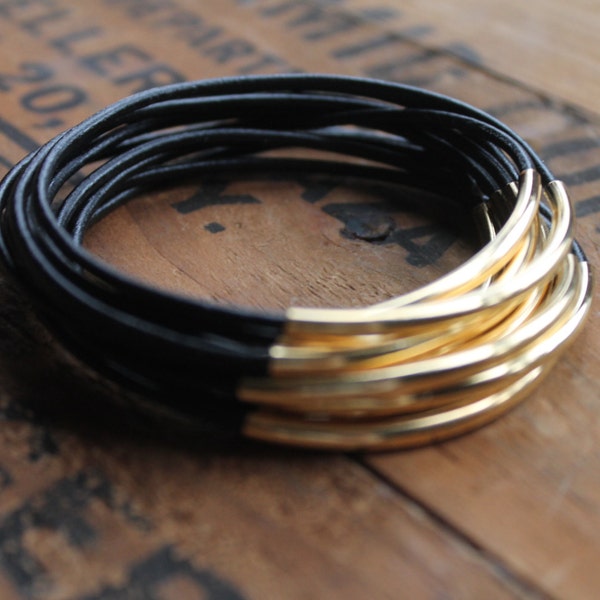 Mag Mile Black Leather and Gold Stacking Bangle Bracelet Set