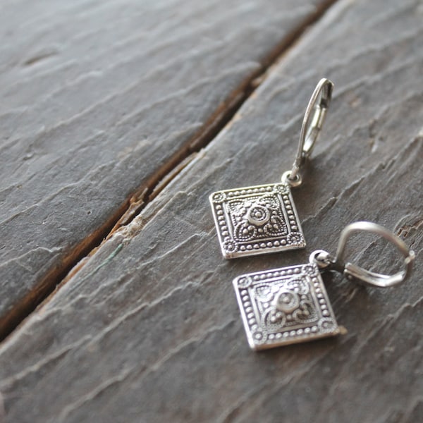 Szolnok Hungarian Diamond Medallion Earrings in Antique Silver