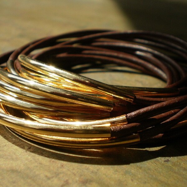 DOUBLE STACK Galveston Leather and Gold Bangles