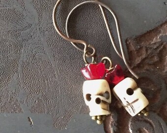 La Calavera Catrina Earrings with Hand Carved Bone Skulls on Artisanal Ear Wires - El Dia de los Muertos