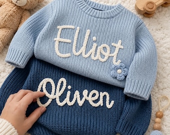 Maglioncino personalizzato con nome del bambino, maglioncino con nome del bambino ricamato a mano, regalo per neonato, regalo per baby shower, maglioncino per neonato lavorato all'uncinetto