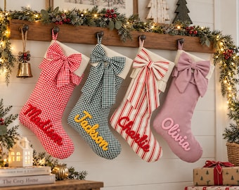 Personalized Christmas Stocking, Custom Name Cord Embroidery, Fabric Holiday Stocking, Holiday Stockings Gift