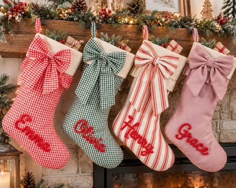 Personalized Christmas Stocking, Custom Name Cord Embroidery, Fabric Holiday Stocking, Holiday Stockings Gift