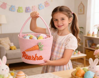 Personalized Hand-Crocheted Easter Basket, Bunny Carrot Design