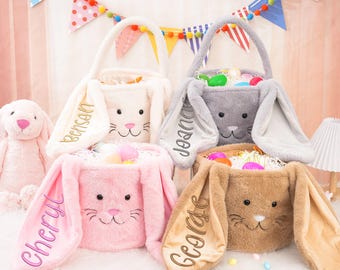 Embroidered Plush Easter Bunny Basket: Personalized Easter Bag