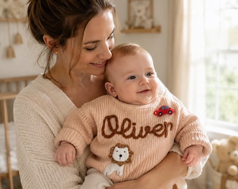 Personalized Baby Name Knit Sweater: Custom 3D-Yarn Embroidered Newborn & Toddler Crewneck Pullover