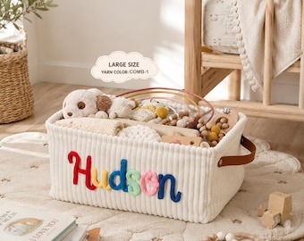 Personalized Baby Storage Basket, Custom Embroidered Name Basket, Soft Ribbed Nursery Toy Organizer