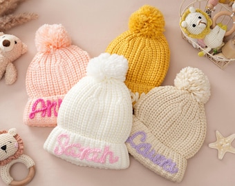 Embroidered Baby Beanie: Personalized Knit Pom Pom Hat