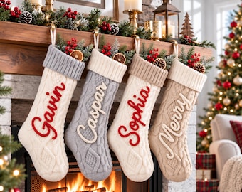 Personalized Christmas Stocking with Name, Cable Knit Family Stocking, Custom Knitted Holiday Stocking, Holiday Decor