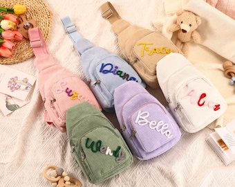 Bolso bandolera personalizado con nombre para niño pequeño, hecho a mano en pana suave, regalo de Navidad.