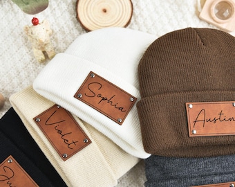 Personalized Baby Beanie: Knitted Infant Hat with Leather Patch