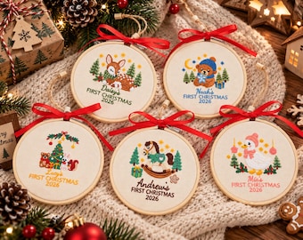 Personalized Baby's First Christmas Ornament, Embroidered Name, Wooden Hoop Keepsake, Christmas Gift
