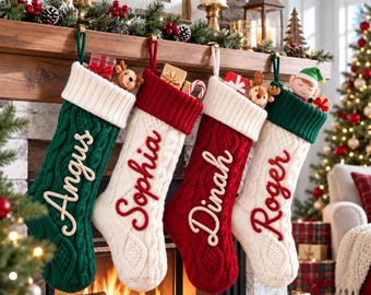 Personalized Cable Knit Christmas Stocking with Name, Custom Family Stocking, Knitted Holiday Stocking