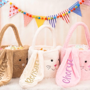 Personalisierter Plüsch-Osterkorb, gestickter Osterhasenkorb, benutzerdefinierte Ostertasche mit Namen, Ostergeschenke für Kinder, gefüllter Hasenkorb