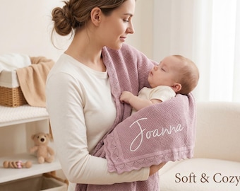 Embroidered Name Knit Baby Blanket: Pink Frill Edge Cotton, Baby Shower Gift, Christmas Girl