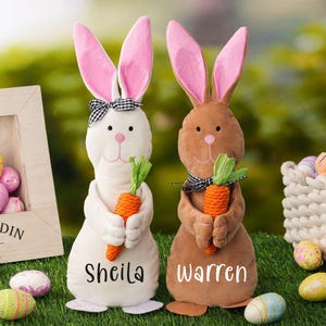 Personalisierte Osterhase Spielzeug, benutzerdefinierte Plüsch Häschen, Osterhase mit Namen, Osterkorb Hase mit Karotte, stehender Hase, Osterdekor