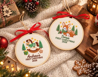 Personalized Baby's First Christmas Ornament, Custom Name Embroidered Wooden Hoop, Woodland Nursery Keepsake, Newborn Christmas Gift