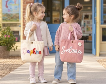 Personalized Kids Canvas Handbag: Custom Name, Embroidered Flower, Back to School gift