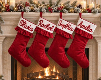 Personalized Family Velvet Christmas Stocking, 3D Embroidered Name, Ruffle Cuff, Holiday Decor, Xmas Gift