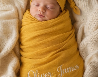 Personalized Embroidered Muslin Swaddle Blanket, Soft Cotton Gauze Newborn Wrap, 120 x 120 cm