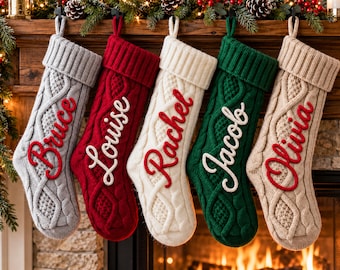 Personalized Christmas Stocking with Name, Cable Knit Family Stocking, Custom Knitted Holiday Stocking, Holiday Decor
