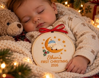 Personalized Baby's First Christmas Ornament, Embroidered Name, Wooden Hoop Keepsake, Christmas Gift